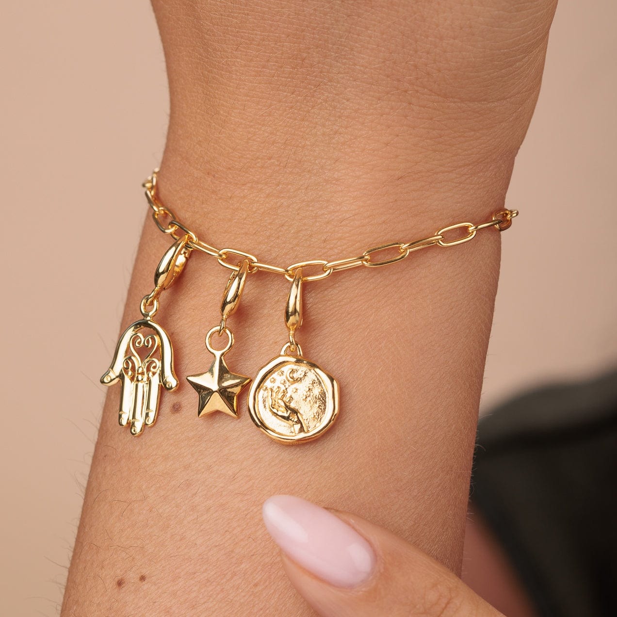 Gold-Plated Sterling Silver Charm Bracelet with Clip-On Charms, 20cm Adjustable