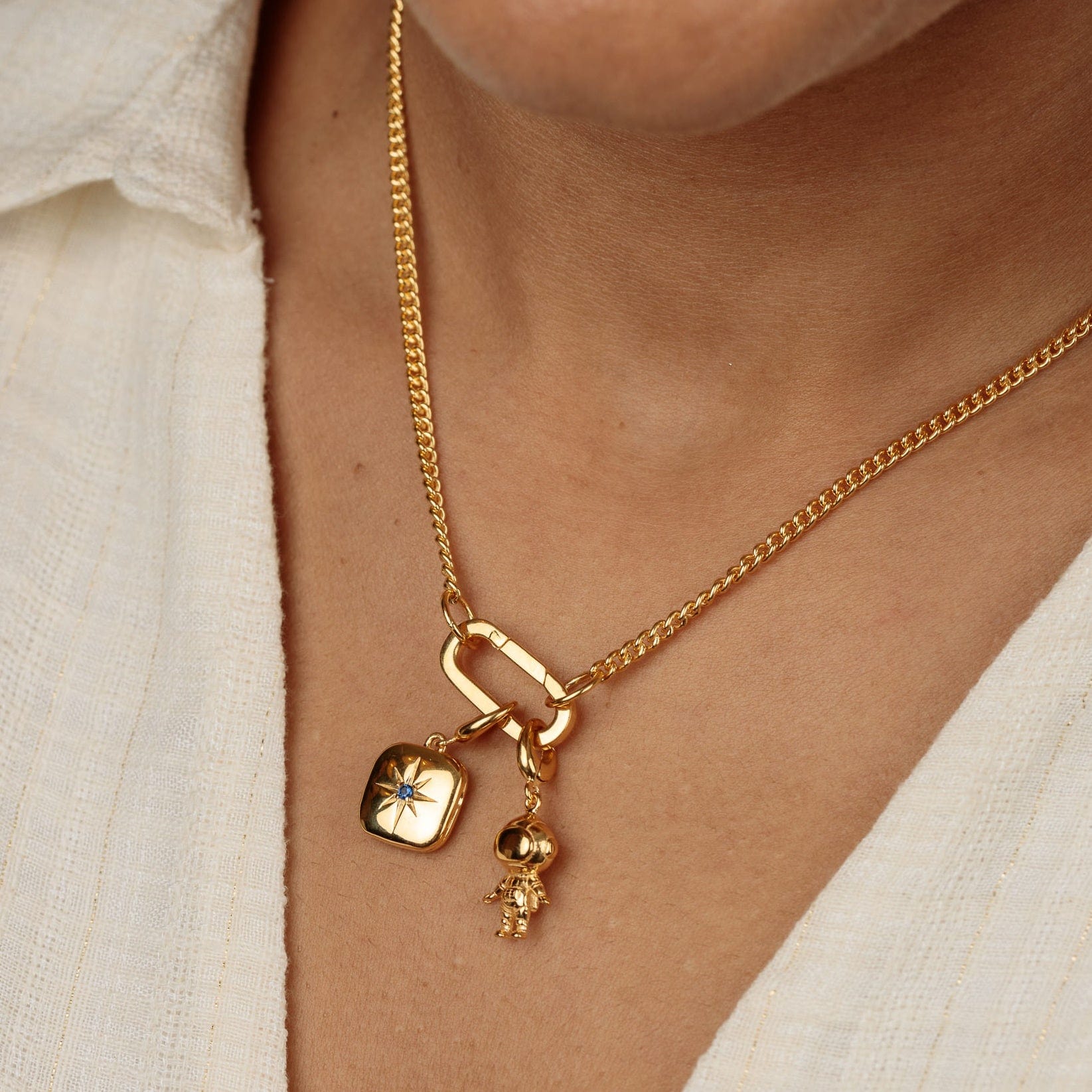 18ct Gold Plated Sterling Silver Paperclip Curb Chain Necklace with Charm Lock